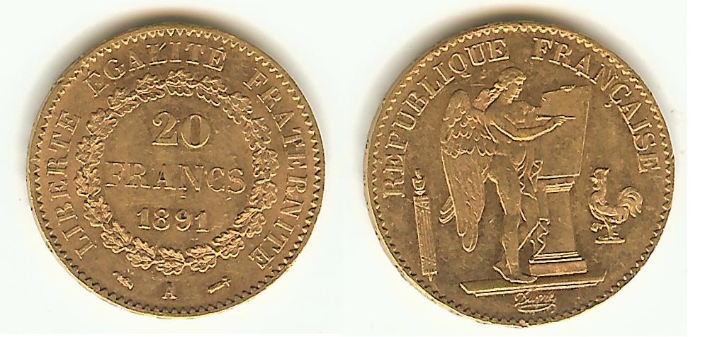 20 Francs Gold Génie 1891A EF+